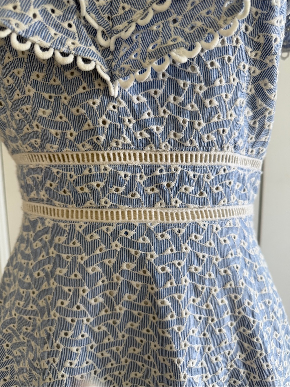 Champagne and Strawberry Fit &Flare Eyelet Ruffle Light Blue Midi Dress Size M - Picture 5 of 13